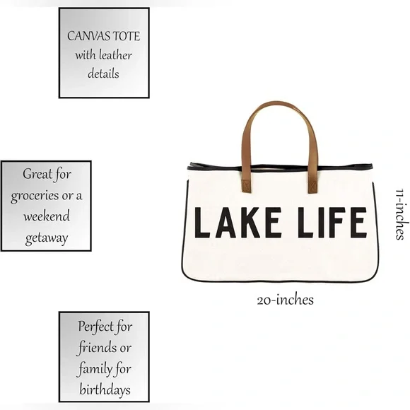 Santa Barbara Design Lake Life Canvas Tote Leather Handles Large Beach Bag New - Picture 7 of 9